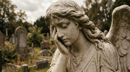 Majestic weeping angel statue in a serene cemetery setting
